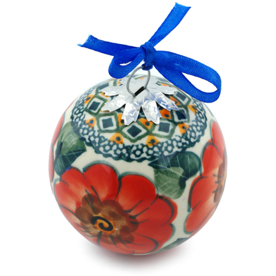 Polish Pottery Christmas Ball Ornament 3&quot; Peach Poppies UNIKAT
