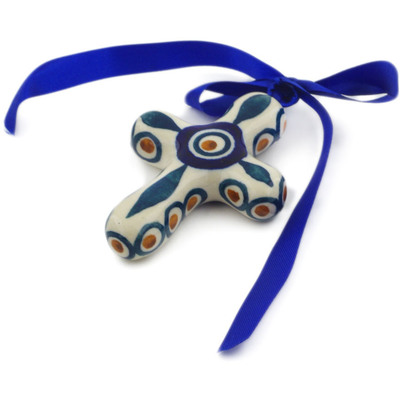 Polish Pottery Christmas Ball Ornament 3&quot; Peacock Leaves