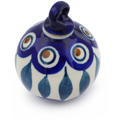 Polish Pottery Christmas Ball Ornament 3&quot; Peacock Leaves