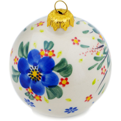 Polish Pottery Christmas Ball Ornament 4&quot; Blue Bouquet