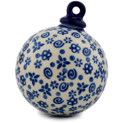 Polish Pottery Christmas Ball Ornament 4&quot; Blue Confetti
