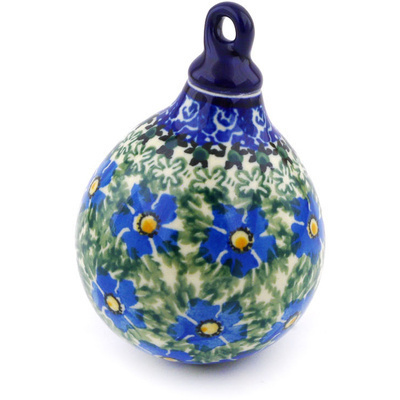 Polish Pottery Christmas Ball Ornament 4&quot; Blue Daisy Dream UNIKAT