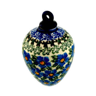 Polish Pottery Christmas Ball Ornament 4&quot; Blue Daisy Dream UNIKAT