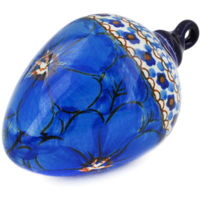 Polish Pottery Christmas Ball Ornament 4&quot; Blue Poppies UNIKAT