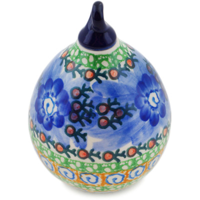 Polish Pottery Christmas Ball Ornament 4&quot; Blue Poppy Circle UNIKAT