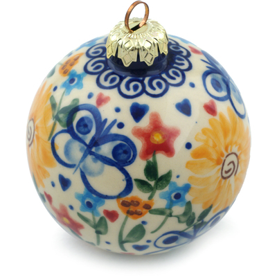 Polish Pottery Christmas Ball Ornament 4&quot; Butterfly Sunshine UNIKAT