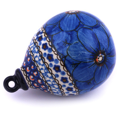 Polish Pottery Christmas Ball Ornament 4&quot; Cobalt Poppies UNIKAT