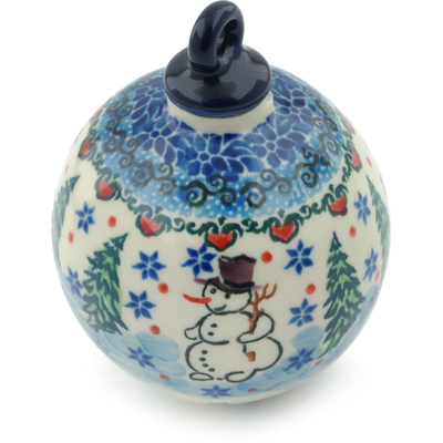 Polish Pottery Christmas Ball Ornament 4&quot; Dancing Snowman UNIKAT