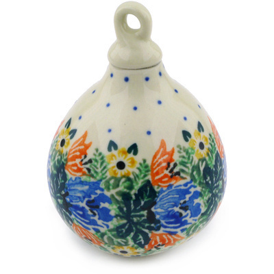Polish Pottery Christmas Ball Ornament 4&quot; Dotted Floral Wreath UNIKAT