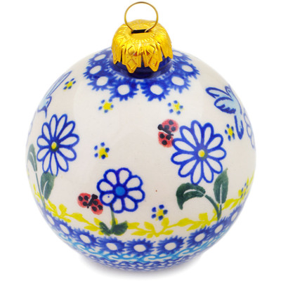 Polish Pottery Christmas Ball Ornament 4&quot; Doves &amp; Ladybugs UNIKAT