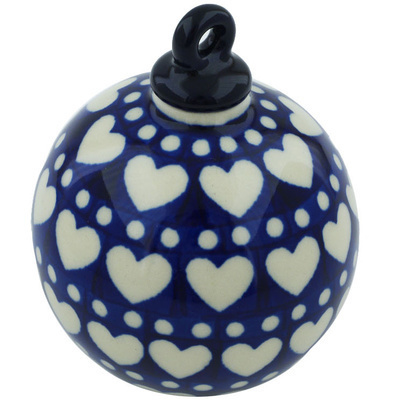 Polish Pottery Christmas Ball Ornament 4&quot; Heart To Heart
