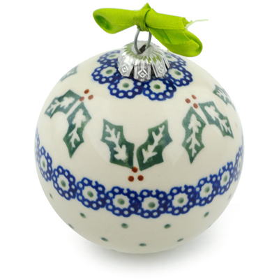 Polish Pottery Christmas Ball Ornament 4&quot; Holly Hop