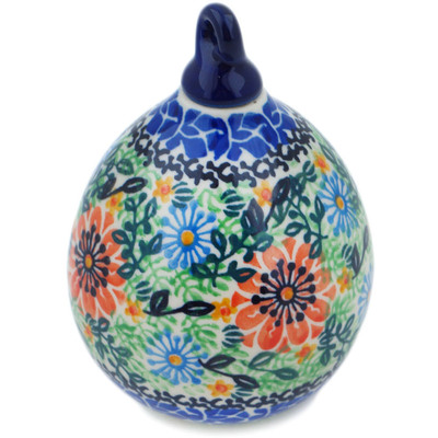 Polish Pottery Christmas Ball Ornament 4&quot; Peach Daisies UNIKAT