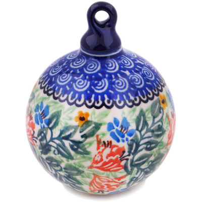 Polish Pottery Christmas Ball Ornament 4&quot; Peach Fan Fare UNIKAT