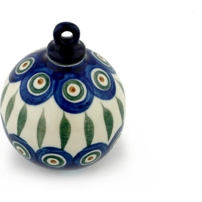 Polish Pottery Christmas Ball Ornament 4&quot; Peacock Leaves