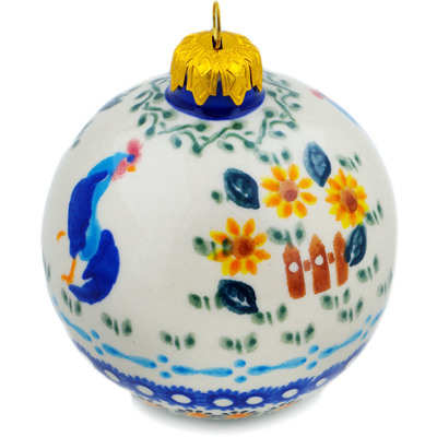 Polish Pottery Christmas Ball Ornament 4&quot; Rooster Madness UNIKAT
