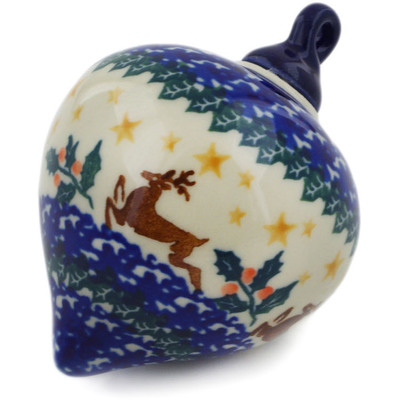 Polish Pottery Christmas Ball Ornament 4&quot; Running Reindeer
