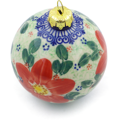 Polish Pottery Christmas Ball Ornament 4&quot; Snow Coral Zinnias UNIKAT