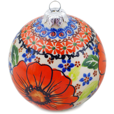 Polish Pottery Christmas Ball Ornament 5&quot; Orange Zinnia UNIKAT