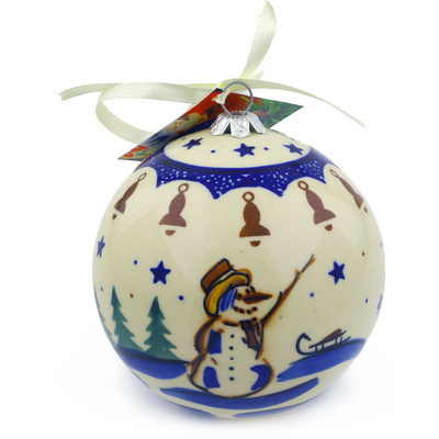 Polish Pottery Christmas Ball Ornament 5&quot; Snowman Bells