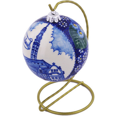 Polish Pottery Christmas Ball with Stand Ornament 7&quot; Floral Fruit Basket UNIKAT