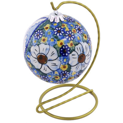 Polish Pottery Christmas Ball with Stand Ornament 7&quot; UNIKAT