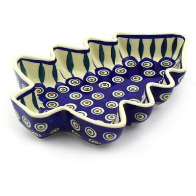 Polish Pottery Christmas Tree Bowl 9&quot; Peacock Leaves