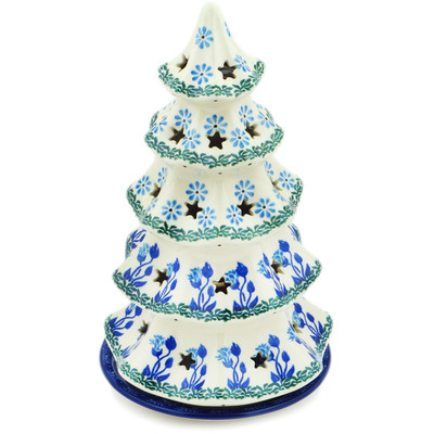 Polish Pottery Christmas Tree Candle Holder 10&quot; Blue Butterfly