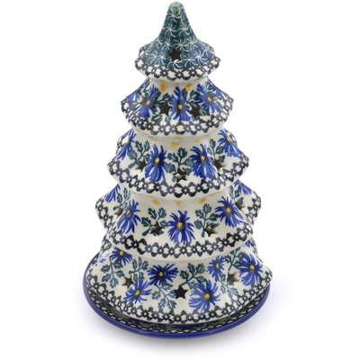Polish Pottery Christmas Tree Candle Holder 10&quot; Blue Chicory