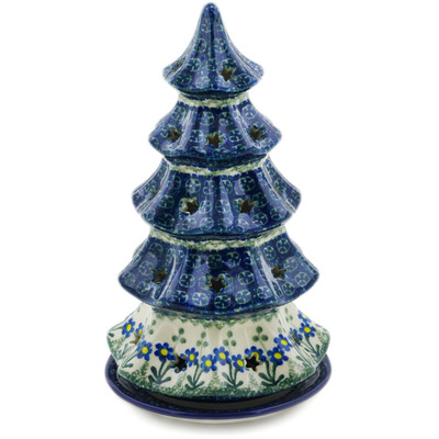 Polish Pottery Christmas Tree Candle Holder 10&quot; Blue Daisy Circle