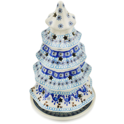 Polish Pottery Christmas Tree Candle Holder 10&quot; Blue Ice