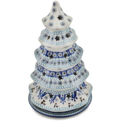 Polish Pottery Christmas Tree Candle Holder 10&quot; Blue Ice
