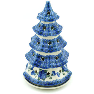 Polish Pottery Christmas Tree Candle Holder 10&quot; Blue Poppies