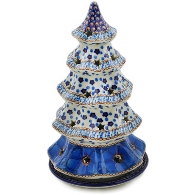 Polish Pottery Christmas Tree Candle Holder 10&quot; Blue Poppies UNIKAT