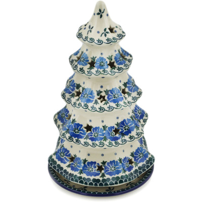 Polish Pottery Christmas Tree Candle Holder 10&quot; Blue Poppy Chain