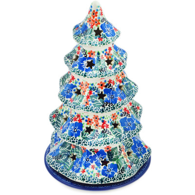 Polish Pottery Christmas Tree Candle Holder 10&quot; Blue Star Flowers UNIKAT