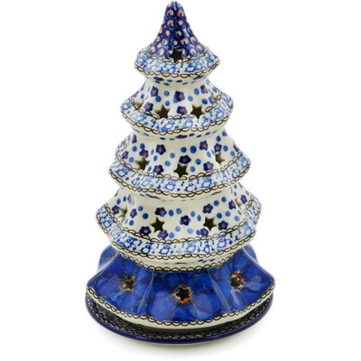 Polish Pottery Christmas Tree Candle Holder 10&quot; Cobalt Poppies UNIKAT