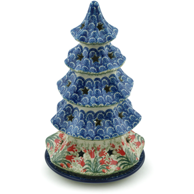 Polish Pottery Christmas Tree Candle Holder 10&quot; Crimson Bells