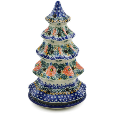 Polish Pottery Christmas Tree Candle Holder 10&quot; Dancing Pansies UNIKAT