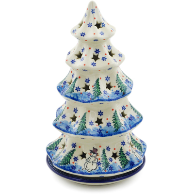 Polish Pottery Christmas Tree Candle Holder 10&quot; Dancing Snowman UNIKAT