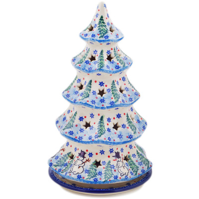 Polish Pottery Christmas Tree Candle Holder 10&quot; Dancing Snowman UNIKAT