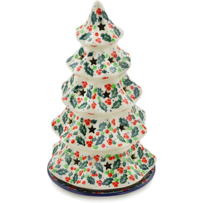 Polish Pottery Christmas Tree Candle Holder 10&quot; Festive Berries UNIKAT