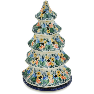 Polish Pottery Christmas Tree Candle Holder 10&quot; Green Bird Garden UNIKAT