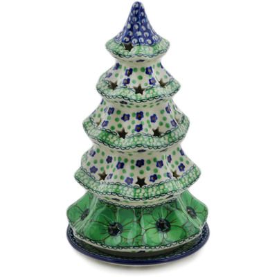 Polish Pottery Christmas Tree Candle Holder 10&quot; Green Pansies UNIKAT