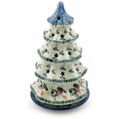 Polish Pottery Christmas Tree Candle Holder 10&quot; Holly Robin
