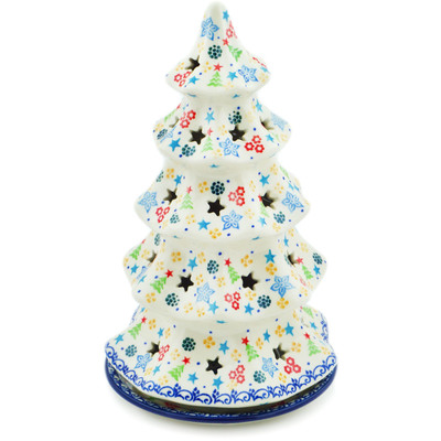 Polish Pottery Christmas Tree Candle Holder 10&quot; Joyful Cheer UNIKAT