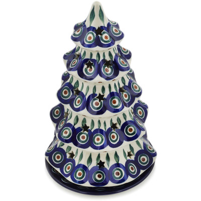 Polish Pottery Christmas Tree Candle Holder 10&quot; Peacock Leaves