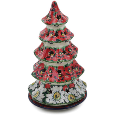Polish Pottery Christmas Tree Candle Holder 10&quot; Sweet Red Petals UNIKAT