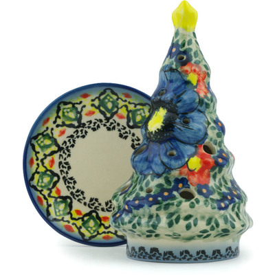 Polish Pottery Christmas Tree Candle Holder 6&quot; Aztec Flowers UNIKAT