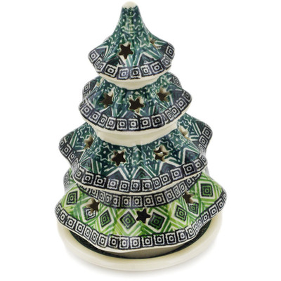 Polish Pottery Christmas Tree Candle Holder 6&quot; Aztec Sea
